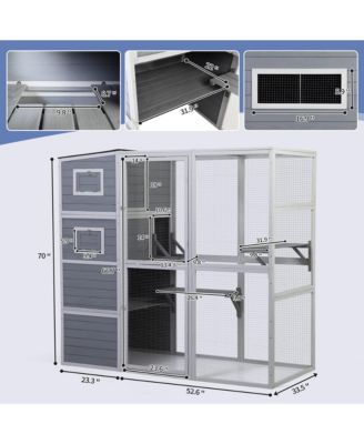 Large Wooden Cat Enclosure with Waterproof Roof and Platforms, Gray