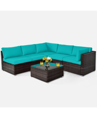 6PCS Patio Rattan Furniture Set Cushioned Sofa Coffee Table Garden