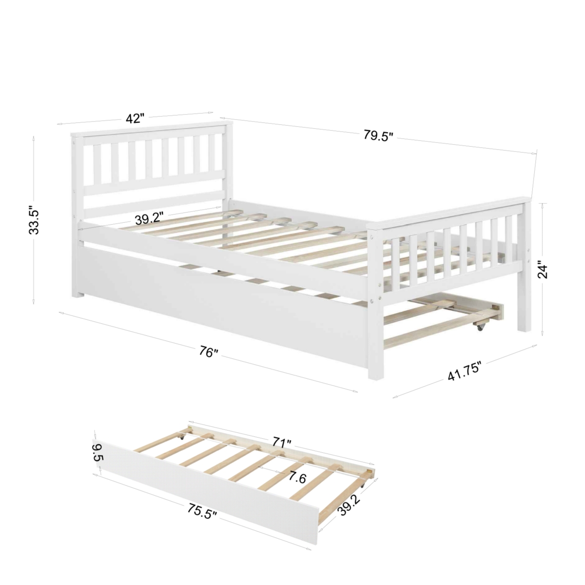 Streamdale Furniture Bed with Trundle, Platform Bed Frame with Headboard and Footboard, for Bedroom Small Living Space, No Box Spring Needed, Whi