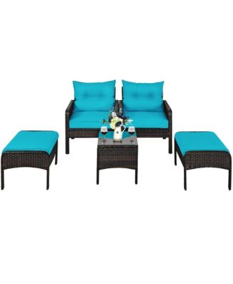 5 PCS Patio Rattan Furniture Set Sofa Ottoman Table Cushioned