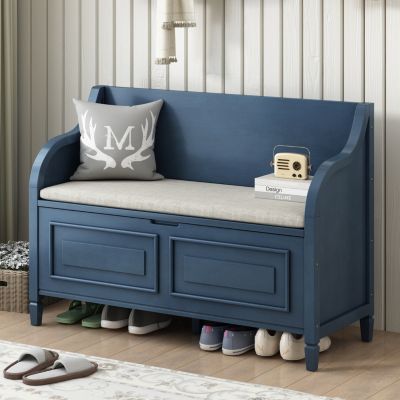 Rustic Style Solid Wood Entryway Multifunctional Storage Bench With Safety Hinge (Gray Wash+ Beige)