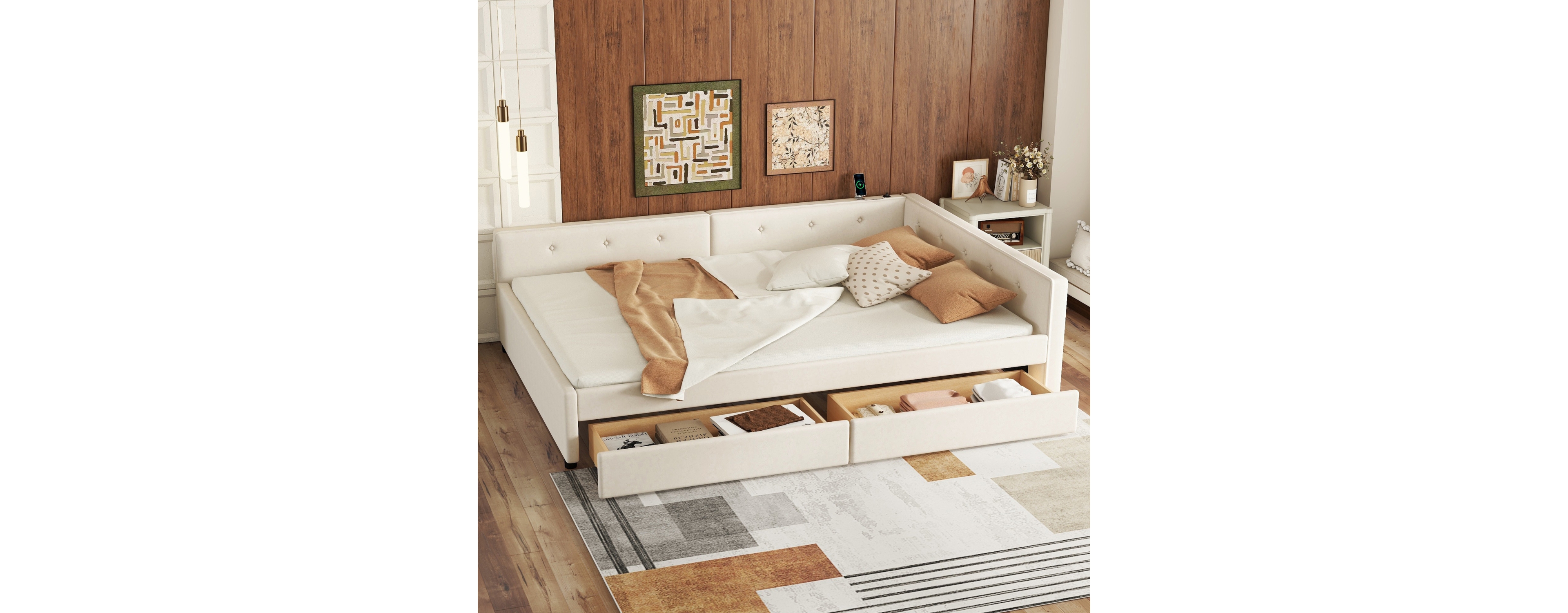Simplie Fun Full Size Upholstered Platform Bed with Usb and 2 Drawers, Beige