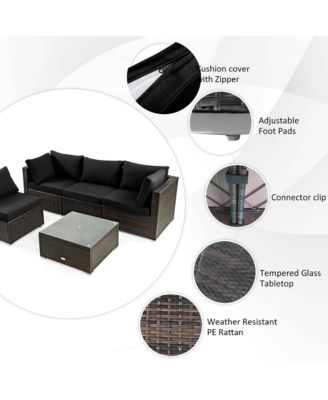 6PCS Patio Rattan Furniture Set 42'' Fire Pit Table Cover Sofa Cushion