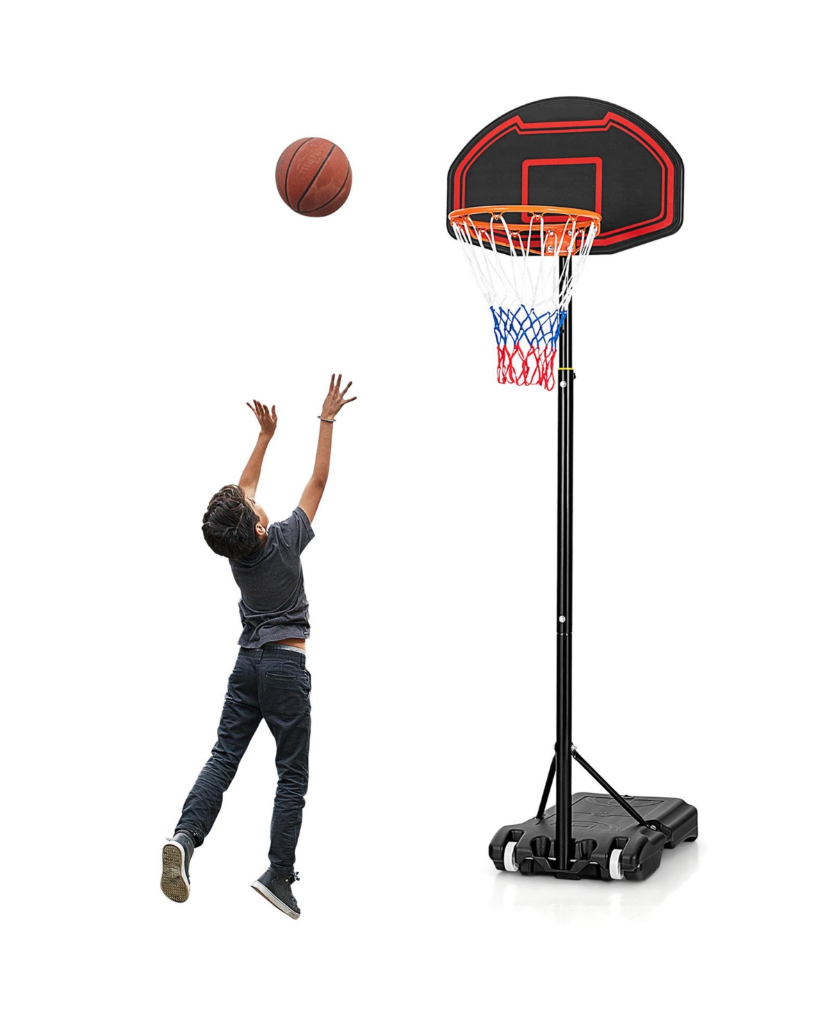Slickblue Adjustable Kids' Basketball Hoop Stand with Durable Net and Wheel - Red
