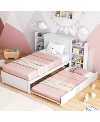Twin Kids Wooden Platform Bed with Trundle Storage Headboard-Twin Size