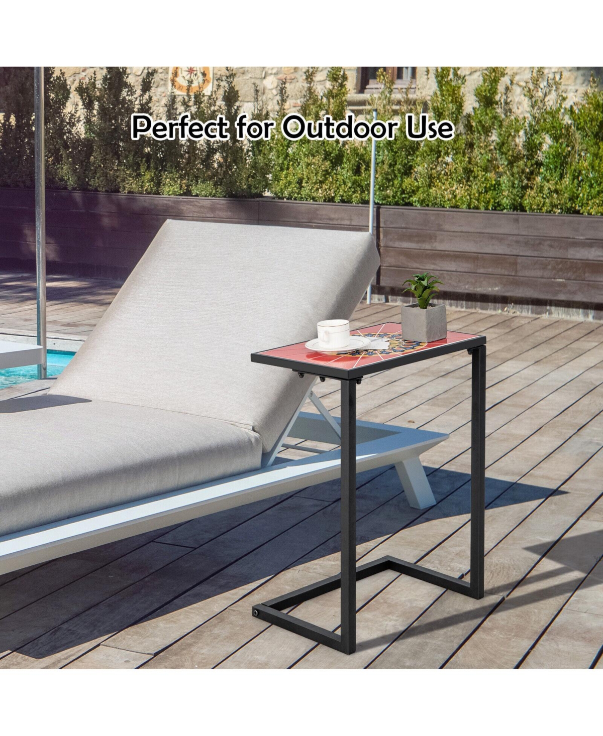 C-Shaped Outdoor Side Table with Waterproof Ceramic Top for Patio or Balcony