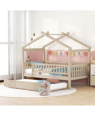 Twin Size Wooden House Bed With Twin Size Trundle