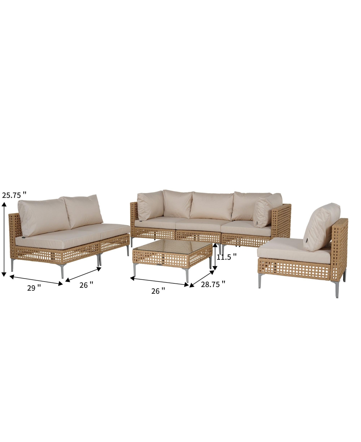 Mondawe 7 piece rIron Frame Beige Rattan 7-Piece Wicker Corner Sofa with Detachable Structure, Gray Cushion for Gazebo