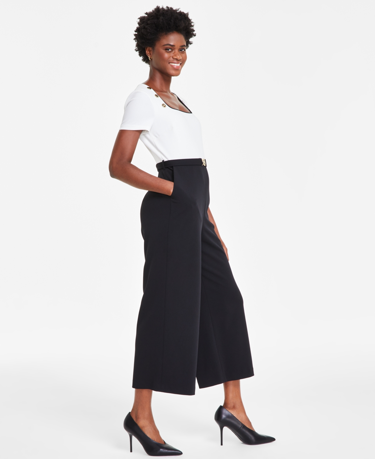 Karl Lagerfeld Paris Women's Square-Neck Short-Sleeve Belted Jumpsuit - Black