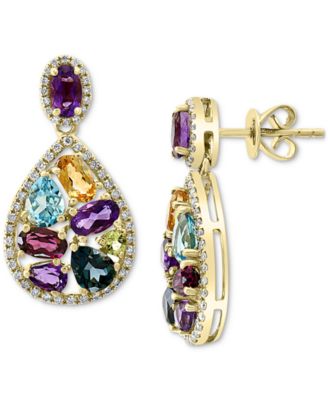 EFFY Collection - Multi-Gemstone (4-1/3 ct. t.w.) & Diamond (3/8 ct. t.w.) Pear Halo Drop Earrings in 14k Gold