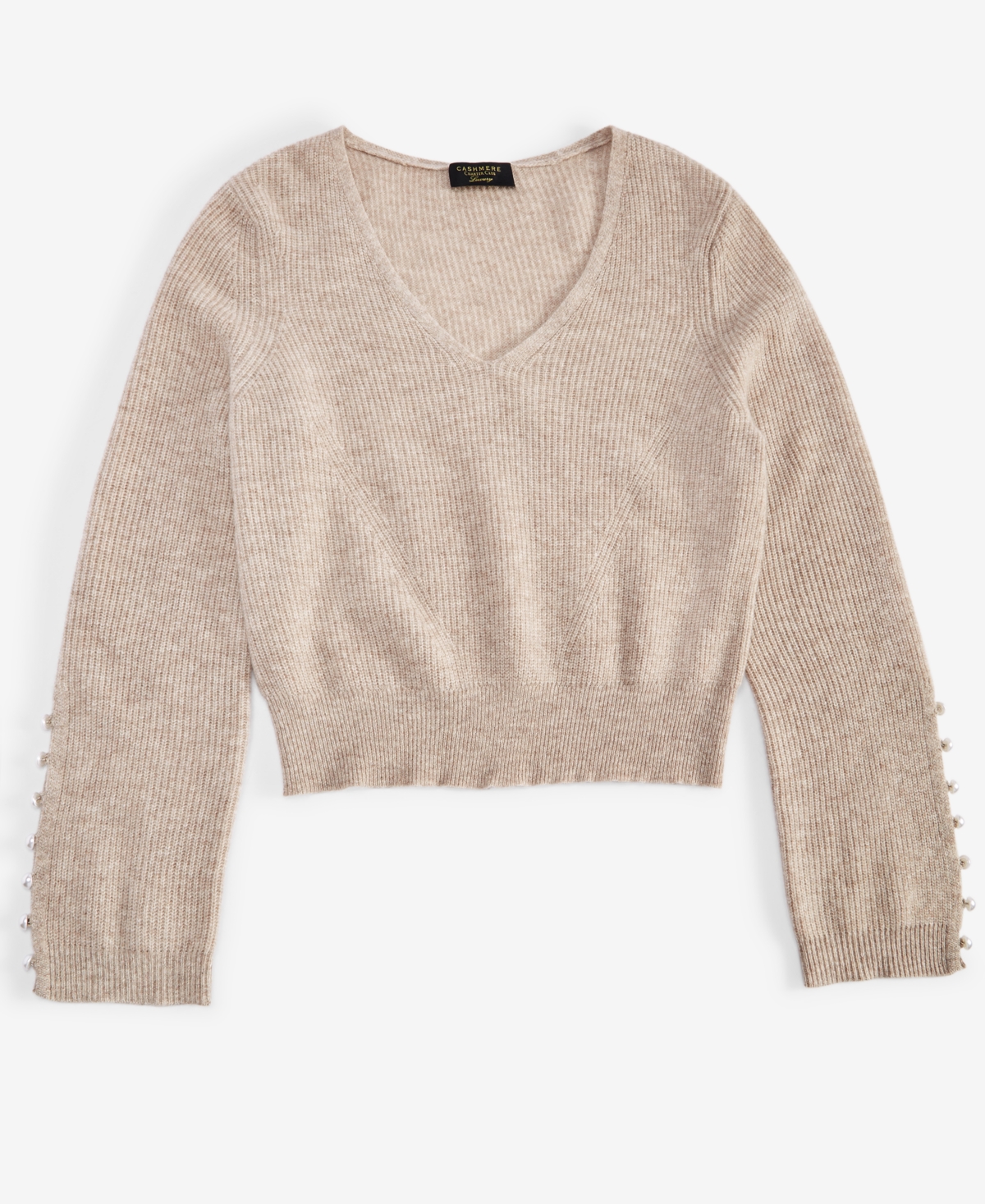Charter Club Women's Pearl Sleeve V-Neck 100% Cashmere Sweater, Created for Macy's