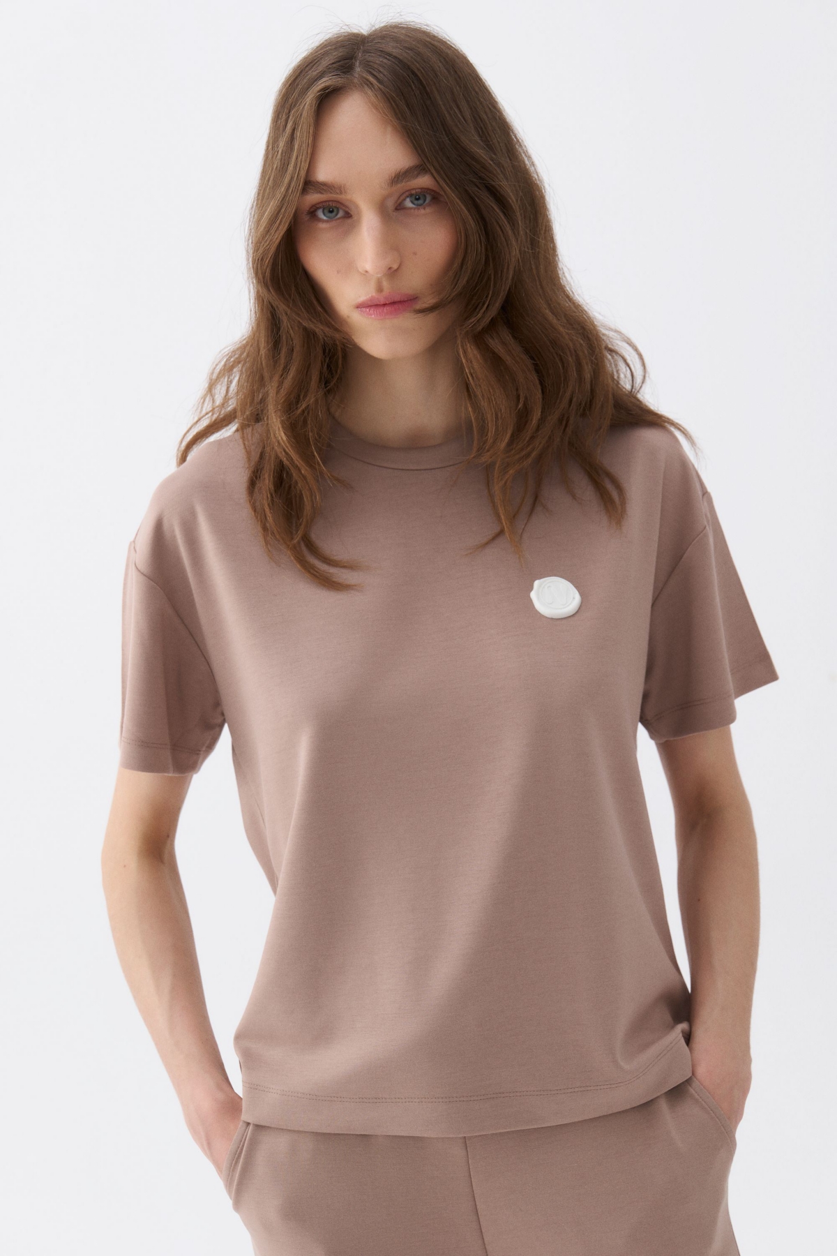 Women's Logo Designed Basic T-shirt - Dark beige