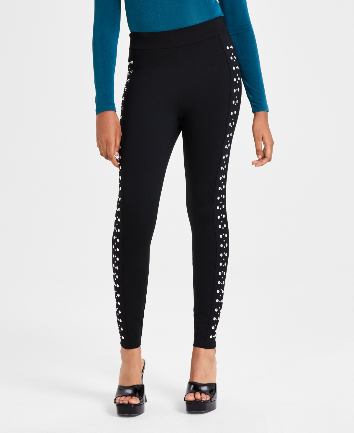 Women's Three-Row Studded Ponte-Knit Leggings, Created for Macy's - Deep Black