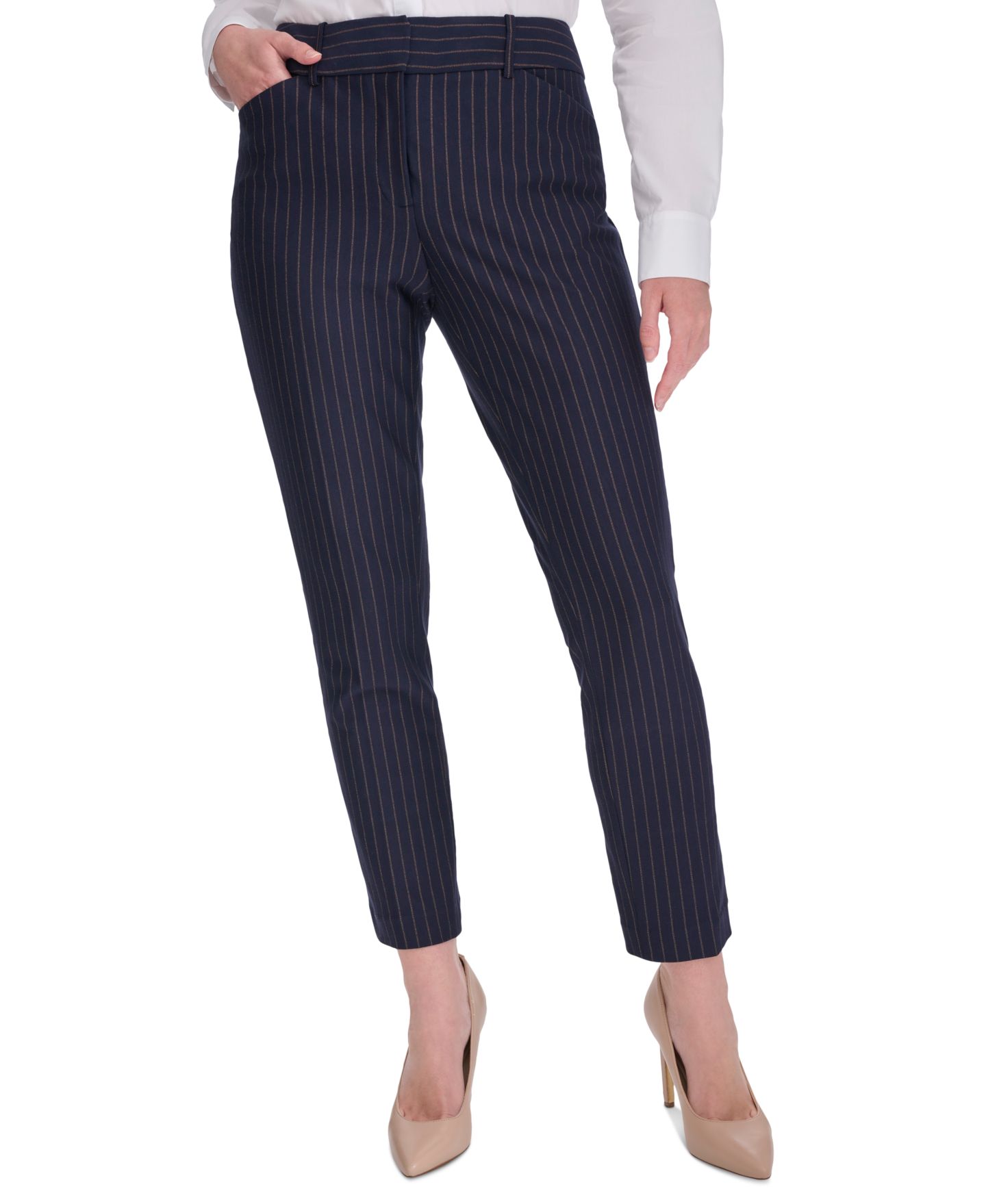 Женские брюки Tommy Hilfiger Pinstripe Mid-Rise Ankle-Length, цвет: Mdngt/Taba — фото 1