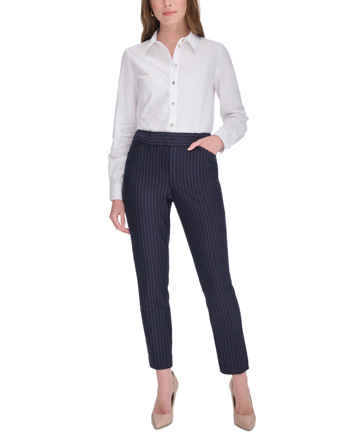 Женские брюки Tommy Hilfiger Pinstripe Mid-Rise Ankle-Length, цвет: Mdngt/Taba — фото 2