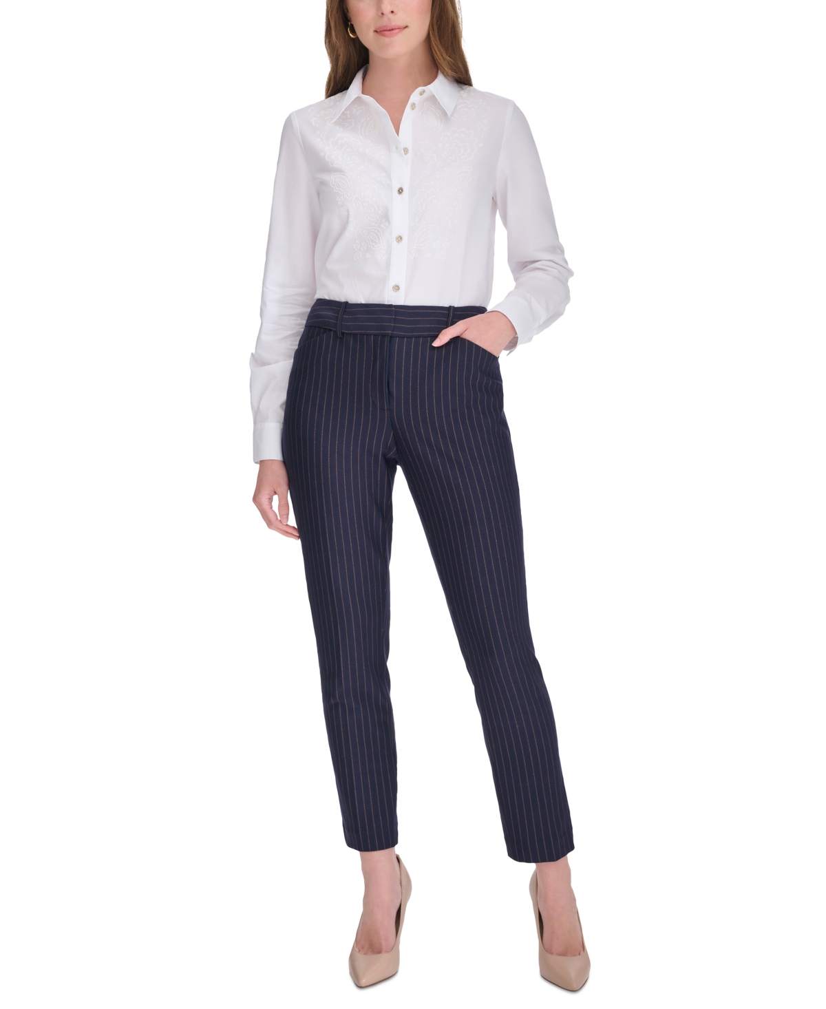 Tommy Hilfiger Women's Pinstripe Mid-rise Ankle-length Pants In Mdngt,taba