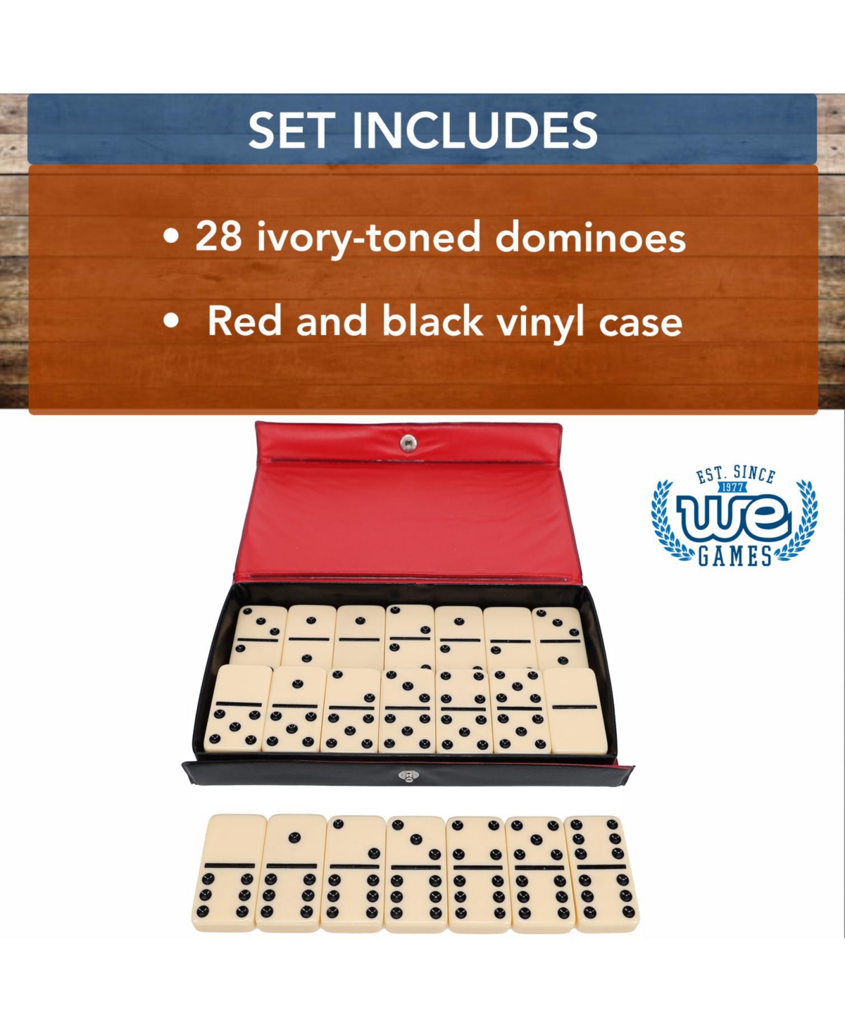 We Games Double 6 Dominoes -with Black Vinyl Case - Ivory