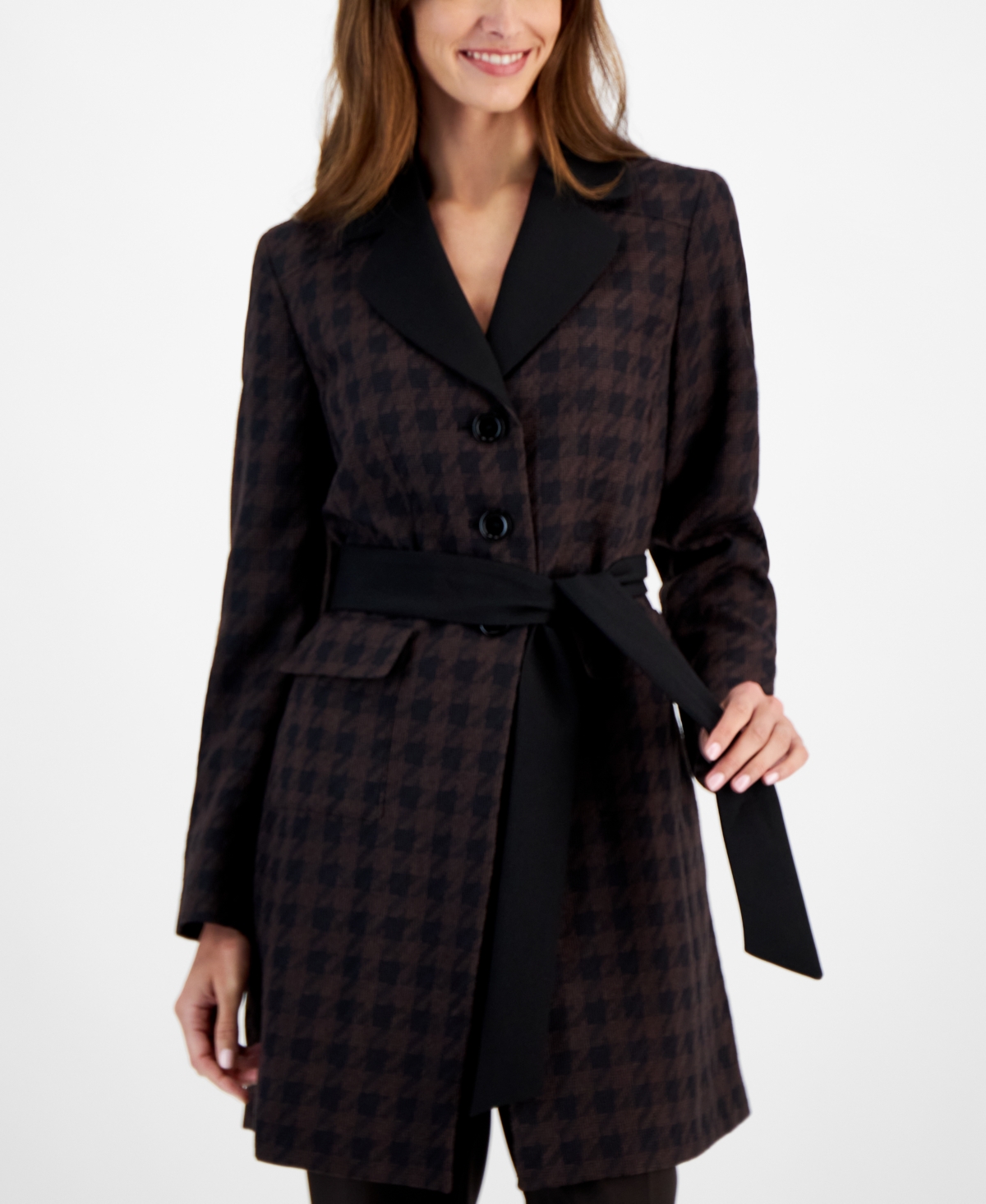 Le Suit Women's Houndstooth Belted Pantsuit, Regular & Petite Sizes -Black