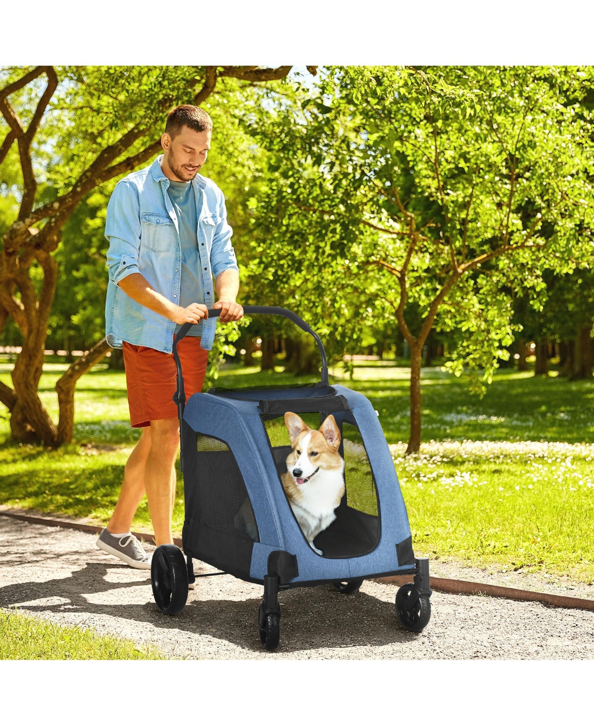 Foldable Oxford Pet Stroller with Ventilation and Safety for Medium Dogs - Blue