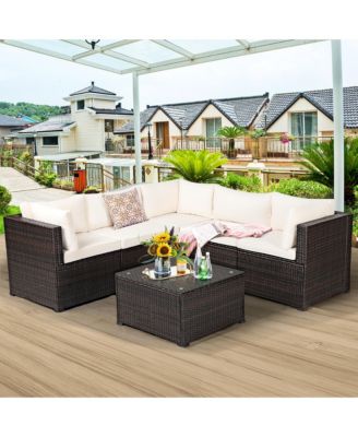 6PCS Patio Rattan Furniture Set Sectional Cushioned Sofa Deck