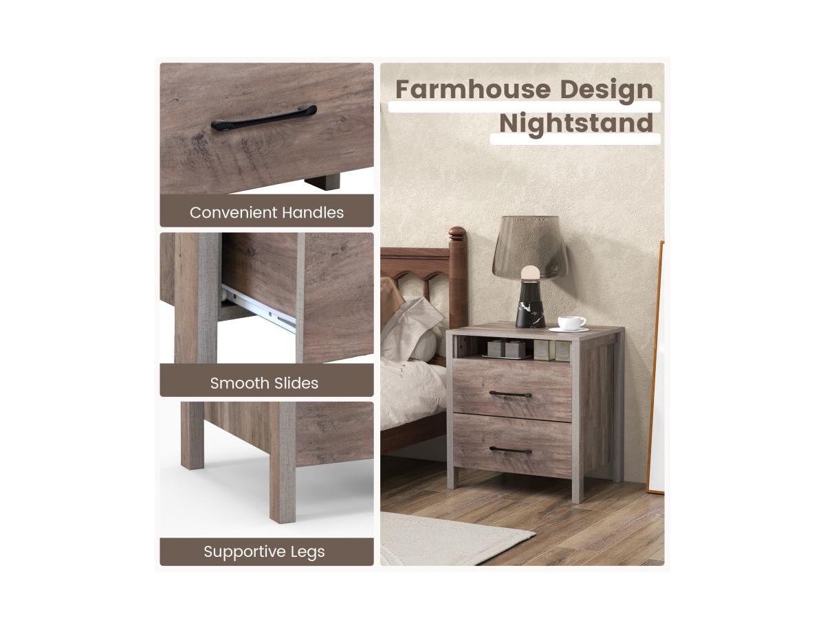 Slickblue Nightstand with 2 Drawers Farmhouse Bed Side Table with Open Storage Shelf- Grey