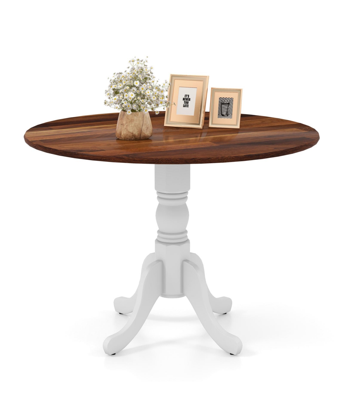 Slickblue Wooden Dining Table with Round Tabletop and Curved Trestle Legs - Walnut and White
