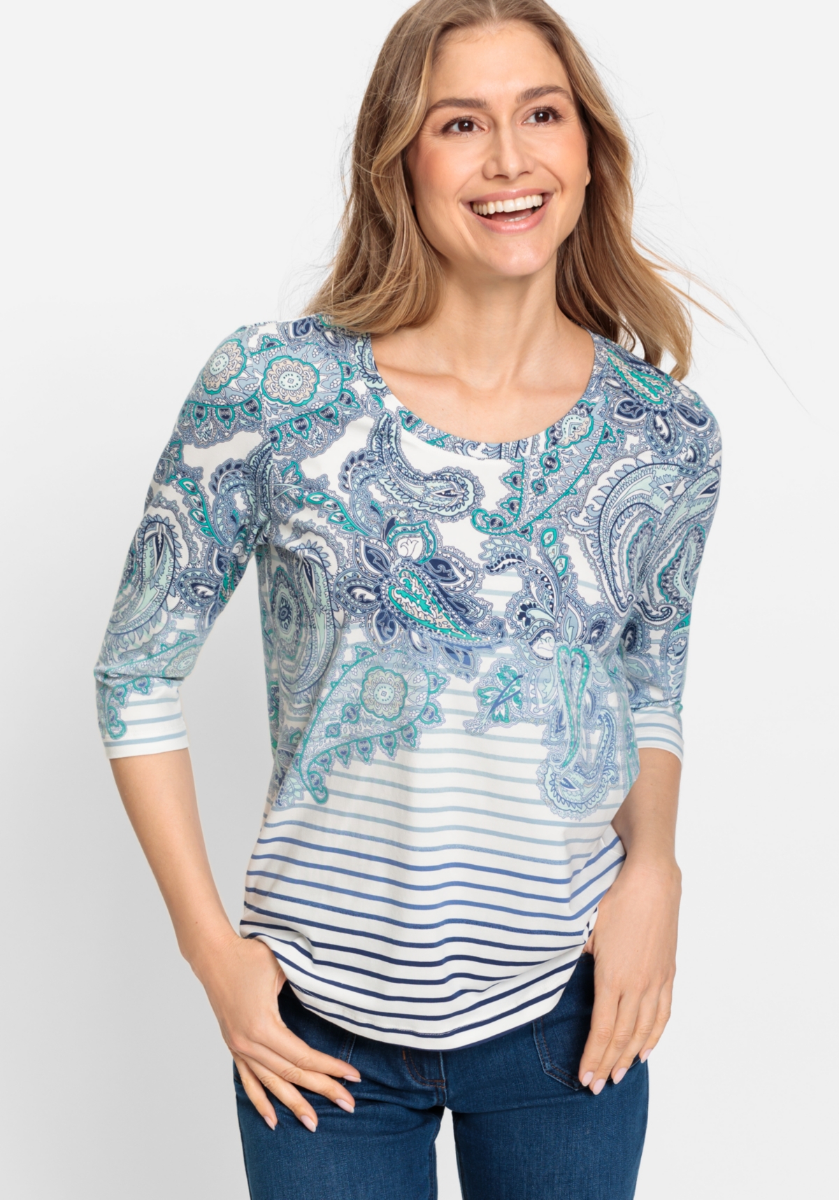 Olsen Women's Cotton Blend 3/4 Sleeve Paisley & Stripe T-Shirt