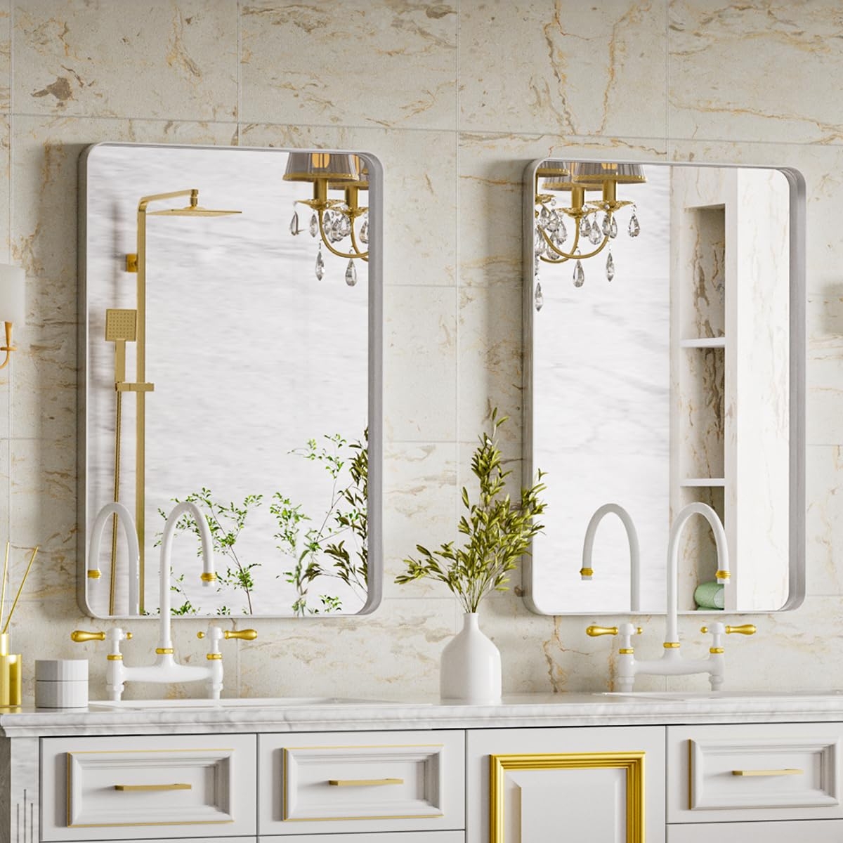 30"x40" Silver Deep Frame Bathroom Mirror with Modern Rounded Corners, Horizontal or Vertical Hang - Silver