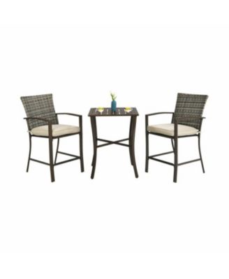 3 Pieces Rattan Bar Furniture Set with Slat Table and 2 Cushioned Stools