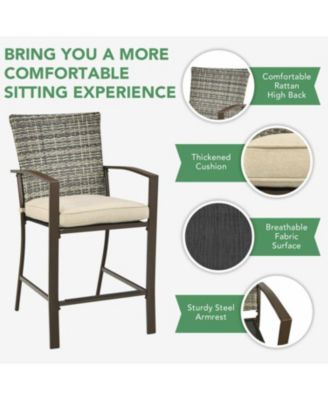 3 Pieces Rattan Bar Furniture Set with Slat Table and 2 Cushioned Stools