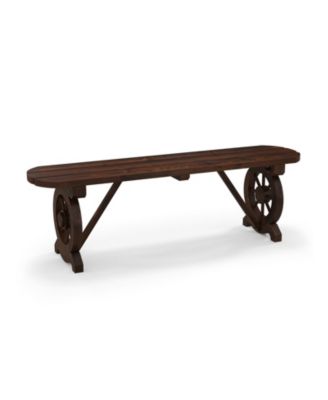Patio Rustic Wood Bench with Wagon Wheel Base