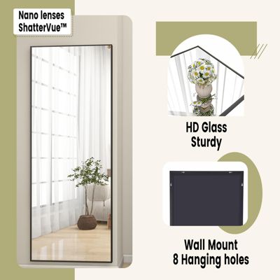 Black 64"x21" Full-Length Rectangle Nano Glass Mirror, Standing or Wall-Mounted