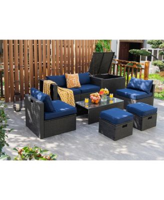 8PCS Patio Rattan Furniture Set Storage Table Ottoman
