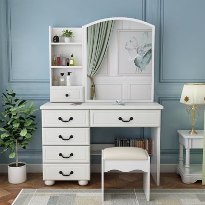 Streamdale Vanity Desk with Mirror, Lights, and 6 Drawers