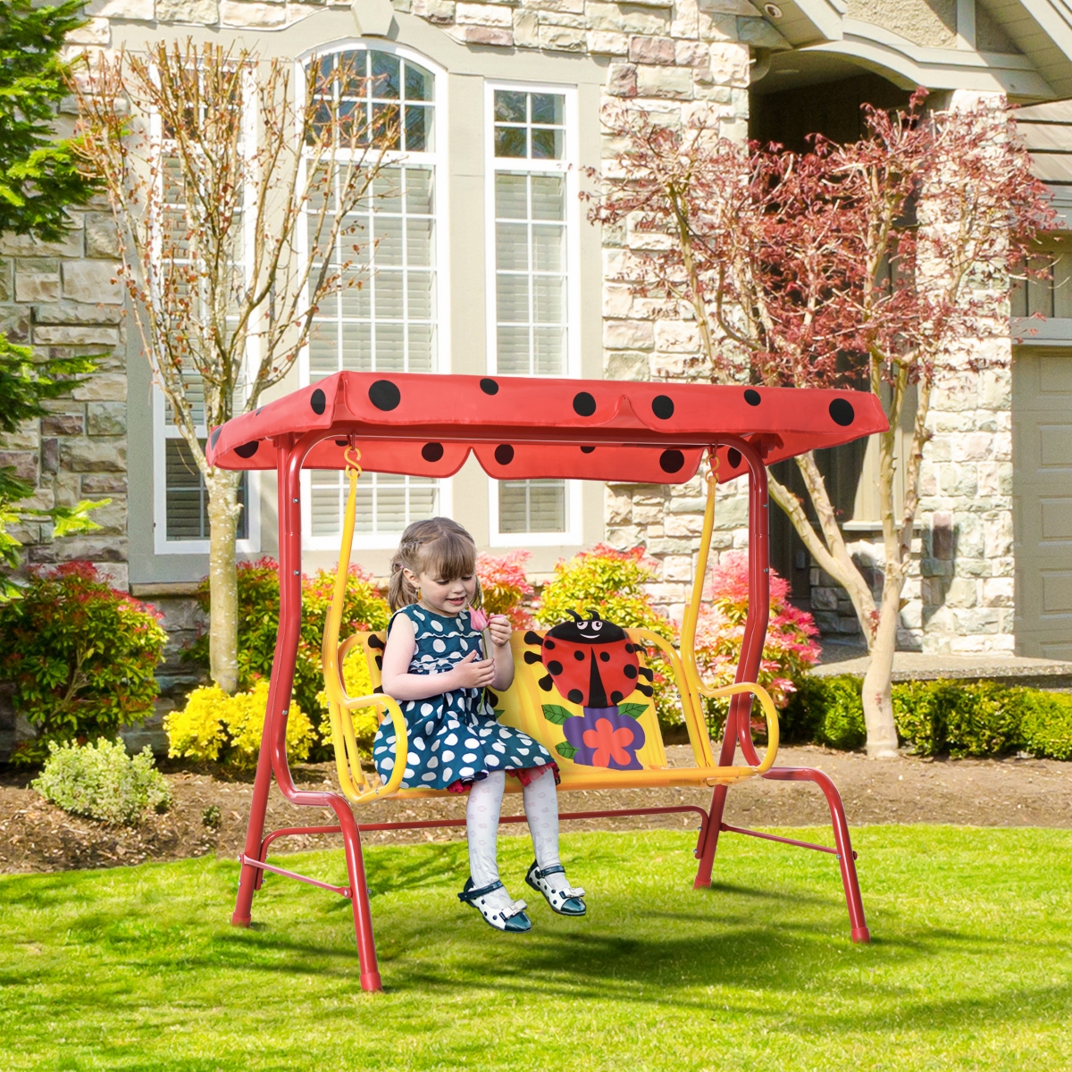 Outsunny Outdoor Hanging Bench for Kids with Adjustable Roof,