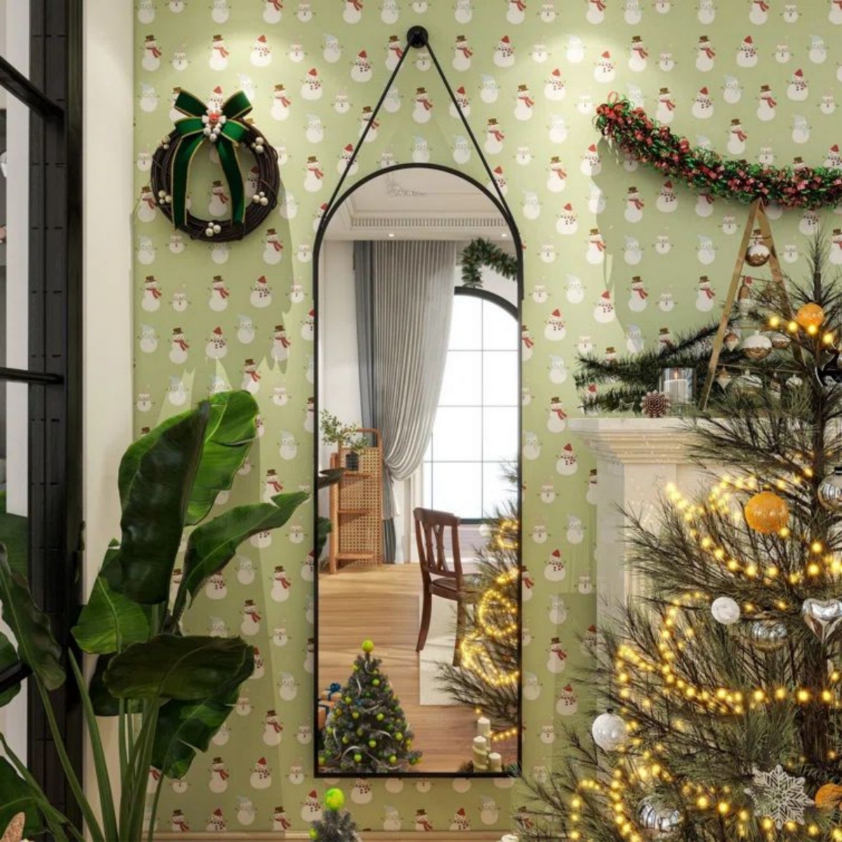 Arched Wall Mounted Mirror 16"x48" in Black - Black