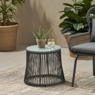 Boho-Chic Glass-Top End Table with Woven Rope Texture