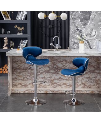 Masaccio Velvet Upholstered Adjustable Swivel Barstool, Set of 2, Blue