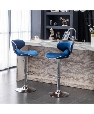 Masaccio Velvet Upholstered Adjustable Swivel Barstool, Set of 2, Blue
