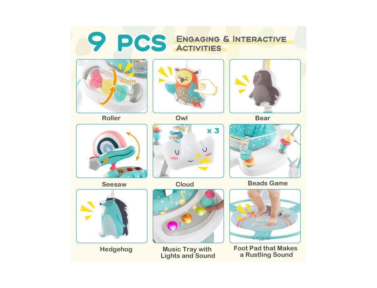 Slickblue Boys Baby Activity Center Height Adjustable Baby Bouncing Saucer with Interactive Toys-Blue - Blue and White