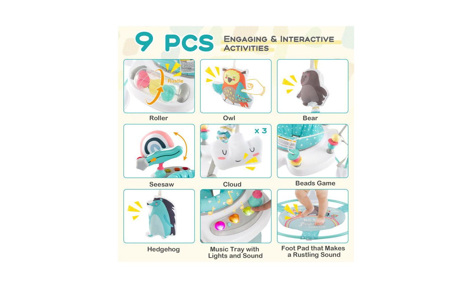 Height Adjustable Baby Activity Center with Interactive Toys and Bouncing Seat