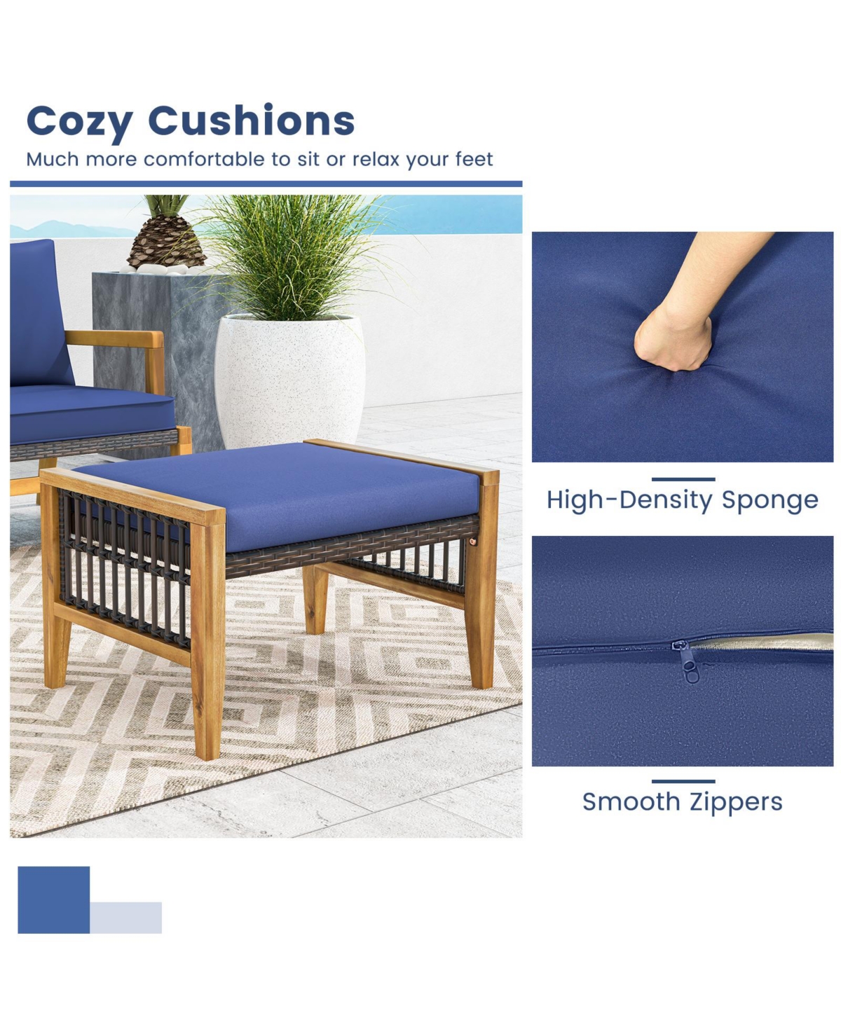 Slickblue Patio Acacia Wood Ottomans with Cushions and Versatile Rattan Woven Footstools