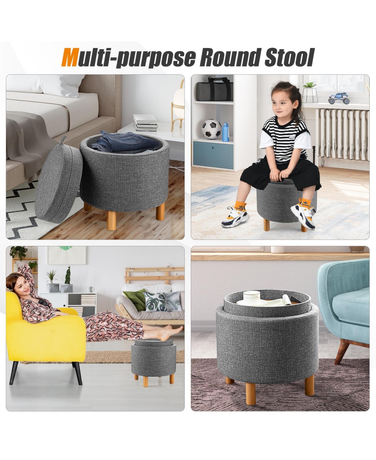 Slickblue Round Fabric Storage Ottoman with Tray and Non-Slip Pads for Bedroom