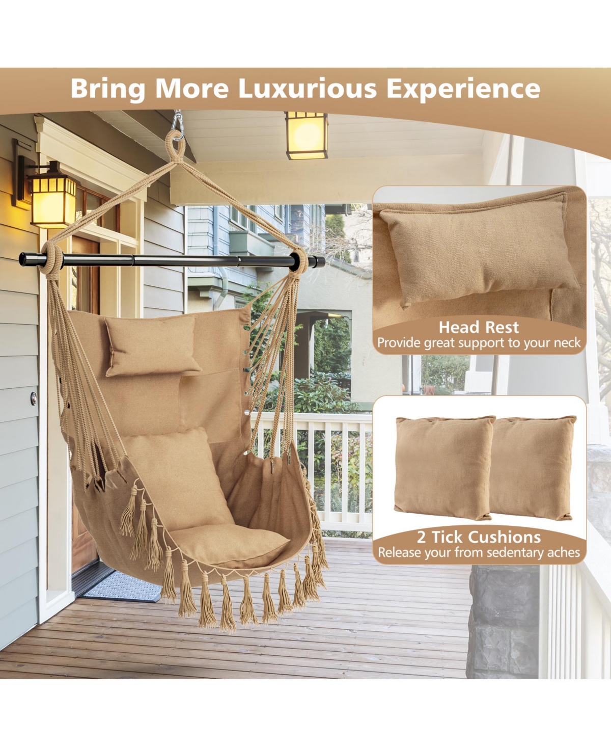 Slickblue Hanging Rope Swing Chair with Soft Pillow and Cushions