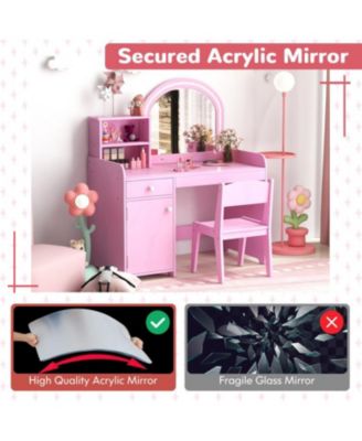 Kids Vanity Table and Chair Set with Shelves Drawer and Cabinet