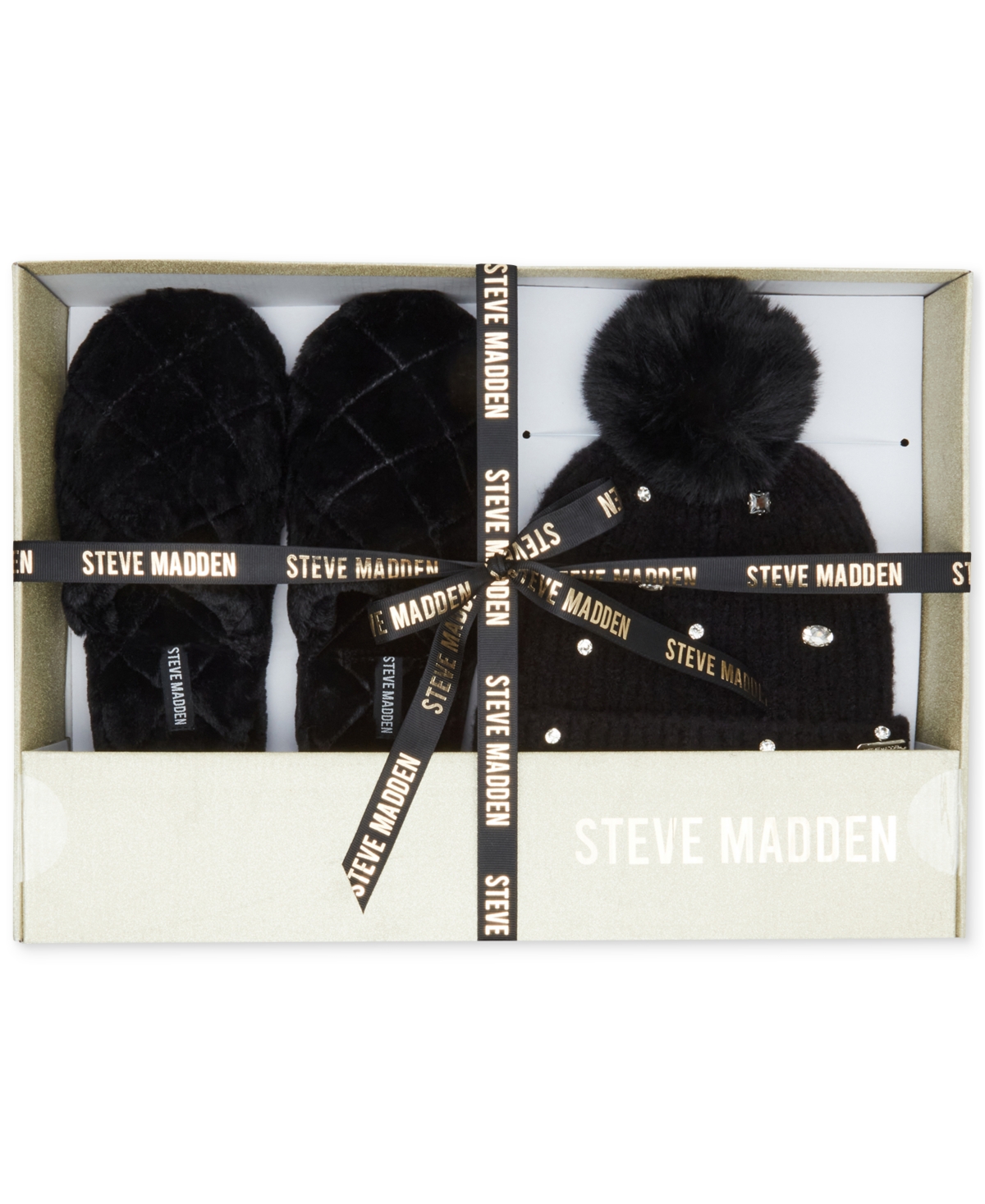 Steve Madden Women's 2-Pc. Embellished Beanie & Faux-Fur Slippers Boxed  Gift Set - Black | Smart Closet