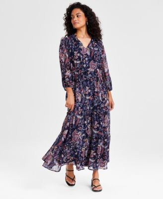 Tinsel Petite Paisley-Print Tiered 3/4-Sleeve Maxi Dress - Macy's