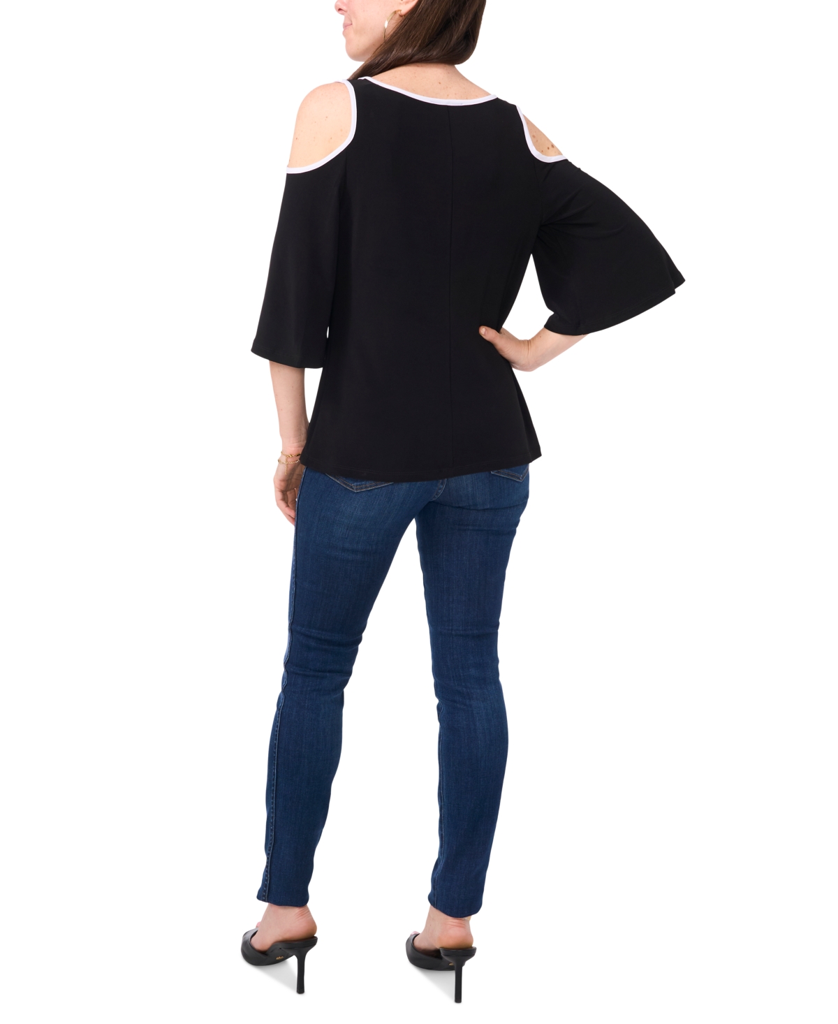 Sam & Jess Petite Keyhole Cold-Shoulder Trimmed Top - Black 001