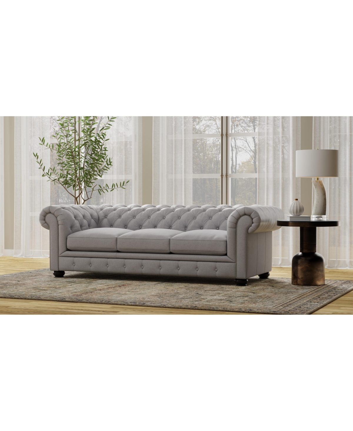 Nice Link Alexandon 95" Chesterfield Chair In Light Grey Italian Leather With Nailhead In Light Gray
