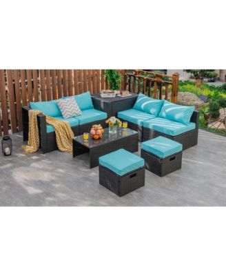 8PCS Patio Rattan Furniture Set Storage Table Ottoman